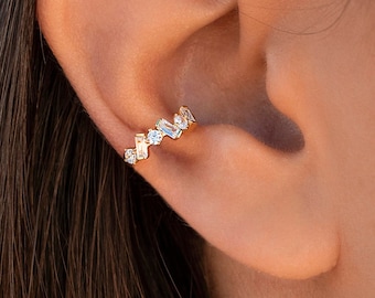 Dainty Baguette & Round CZ Conch Ear Cuff Earrings