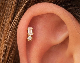 Dainty & Minimalist Baguette Round CZ Stud Earrings