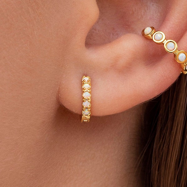 Dainty Opal Huggie Hoop Earrings
