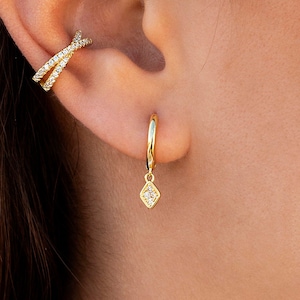 Dainty Pave CZ Rhombus Charm Huggie Hoop Earrings