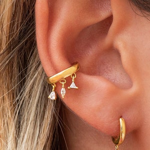 Dainty Triangle, Marquise & Pear Cut CZ Dangling Charms Chunky Conch Ear Cuff