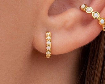 Dainty Opal Huggie Hoop Earrings