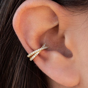 Dainty Pave CZ Criss Cross Hinged Conch Ear Cuff Earrings