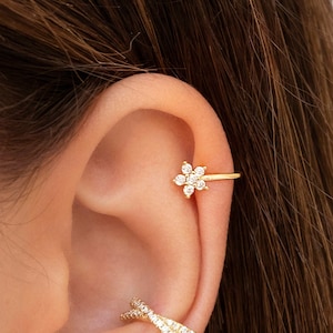 Dainty & Minimalist Pave CZ Flower Shaped Helix Ear Cuff Earrings image 1