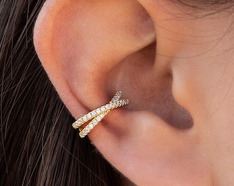 Boucles d'oreilles manchette d'oreille conque croisée avec pavé de zircones et système de charnière