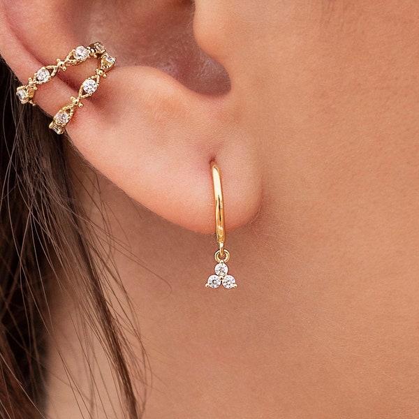 Dainty 3 CZ Flower-Shaped Charm Huggie Hoop Earrings