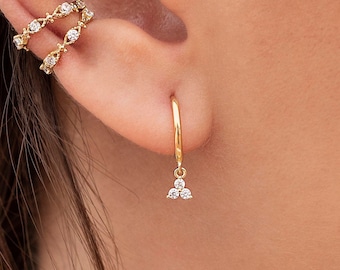 Dainty 3 CZ Flower-Shaped Charm Huggie Hoop Earrings