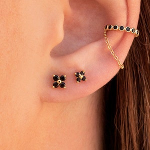 Tiny & Dainty Flower Shaped 4 Black CZ Stud Earrings