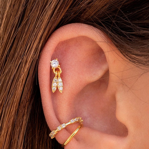 Dainty & Minimalist 4 Prongs CZ Stud Earrings With Dangling Pave CZ Charms