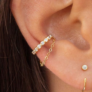 Dainty Bezel CZ Dangling Chain Conch Ear Cuff Earrings Fake Piercing image 1