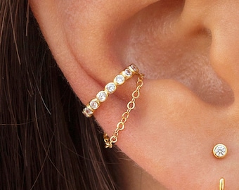 Dainty Bezel CZ Dangling Chain Conch Ear Cuff Earrings - Fake Piercing