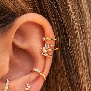 Dainty CZ Double Band Moon & Star Ear Cuff Earrings
