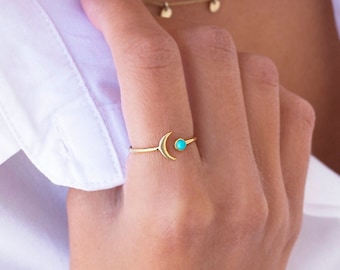 Anillo abierto con luna y turquesa