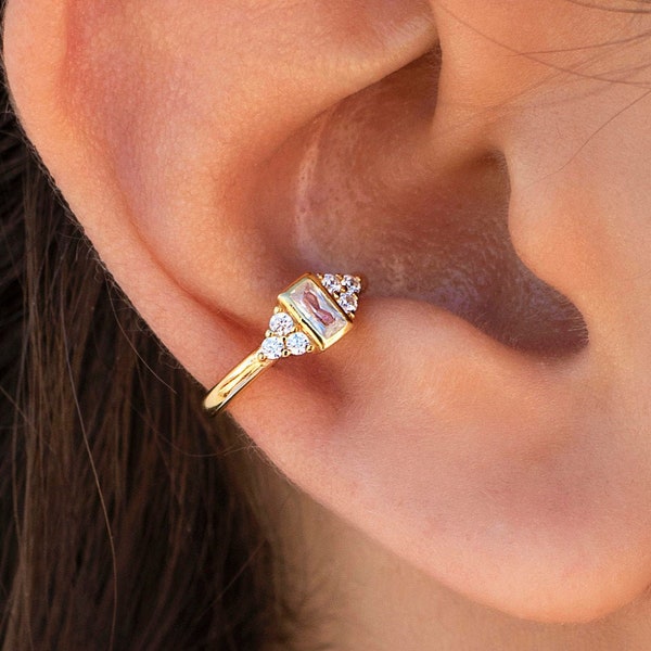 Dainty Baguette & Round CZ Conch Ear Cuff Earrings