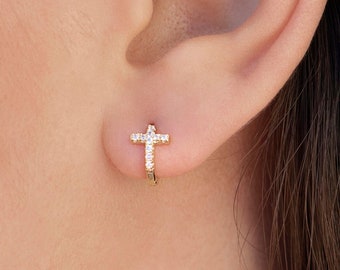 Pave Setting Cz Cross Huggie Hoop Earrings - Two Stone