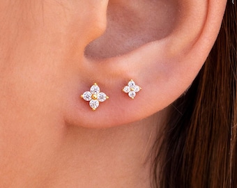 Tiny & Dainty Flower Shaped 4 CZ Stud Earrings