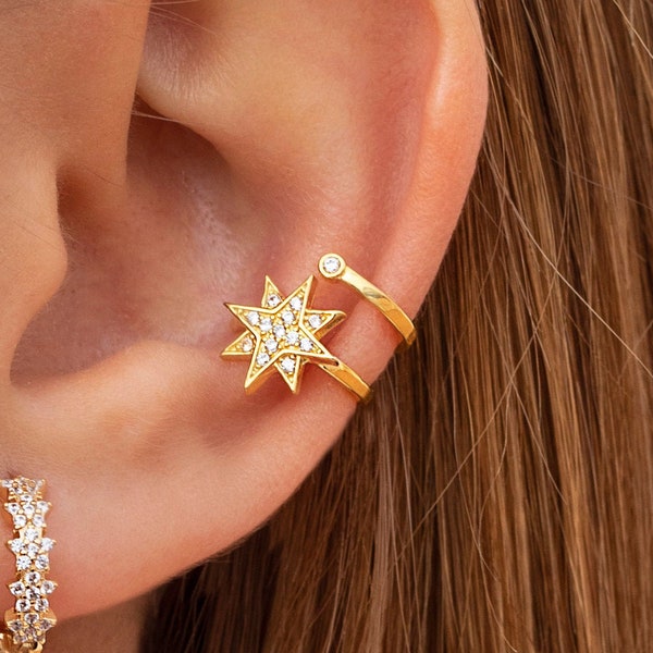 Ear cuff 8 pointed star, Ear cuff with zircons, Cz ear cuff, Ear cuff earrings, Earrings without hole, Cartilage earrings