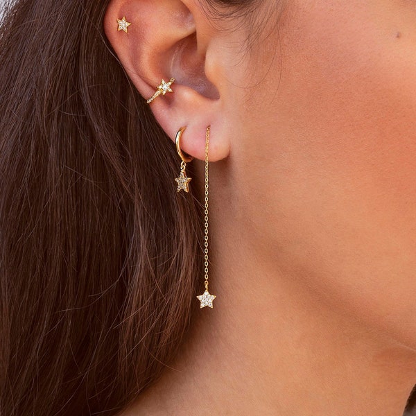 Dainty & Minimalist Pave CZ Star Long Chain Drop Stud Earrings