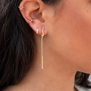 Dainty & Minimalist Knot Bar Long Chain Drop Stud Earrings