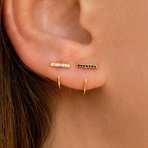 Tiny CZ Bar Open Huggie Hoop Earrings - Ear hugger - Available in White or Black CZ