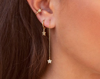 Boucles d'oreilles puces longue chaîne avec étoile avec pavé de pierres de zircone