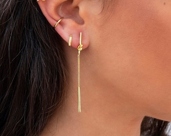 Dainty & Minimalist Knot Bar Long Chain Drop Stud Earrings