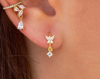 Dainty CZ Butterfly Shaped Huggie Hoop Earrings With Dangling Charm