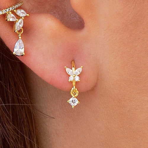 Dainty Huggie Hoop Earrings With Long Herringbone Chain Charm Etsy