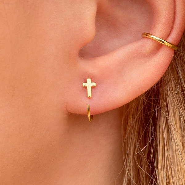 Tiny Cross Open Huggie Hoop Earrings - Ear hugger