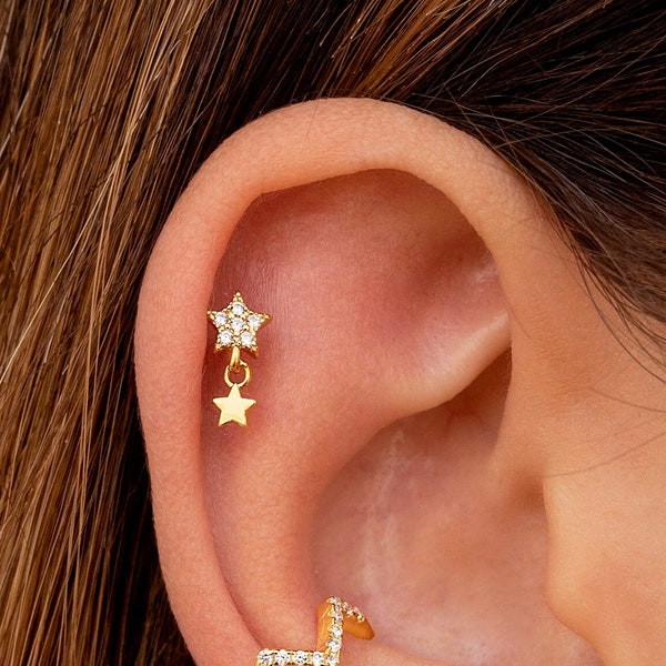 Dainty Pave CZ Star Stud Earrings With Dangling Star Charm