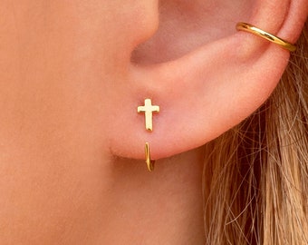 Tiny Cross Open Huggie Hoop Earrings - Ear hugger