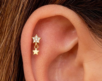 Dainty Pave CZ Star Stud Earrings With Dangling Star Charm
