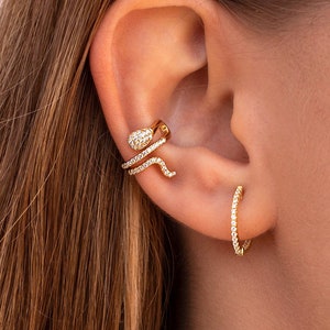 Dainty Pave CZ Snake Shaped Conch Ear Cuff Earrings