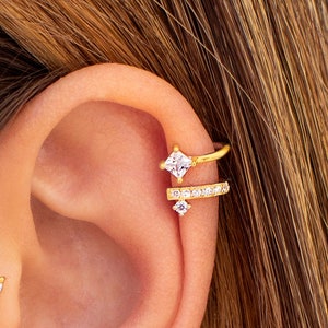 Dainty Pave & Princess Cut CZ Double Band Ear Cuff Earrings