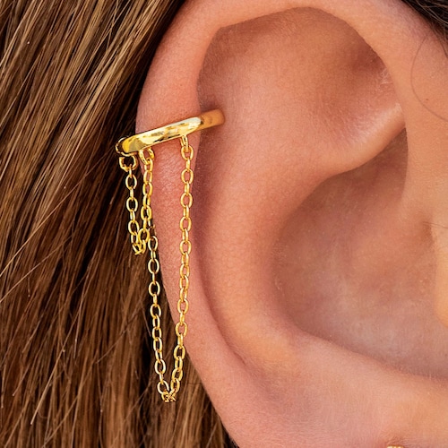 Dainty Helix Huggie Hoop Earrings With 2 Dangling Chains Etsy