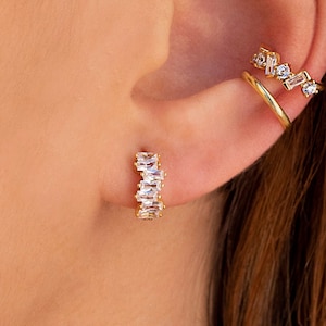 Dainty Misaligned Baguette CZ Huggie Hoop Earrings