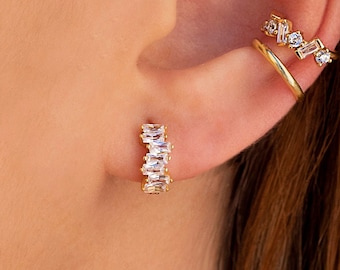 Dainty Misaligned Baguette CZ Huggie Hoop Earrings