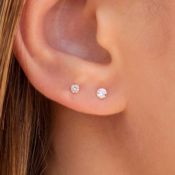Dainty & Tiny Invisible Prongs CZ Stud Earrings - Two sizes available