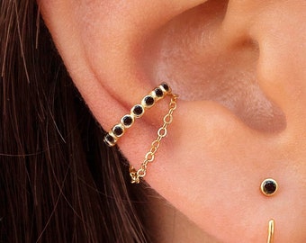 Dainty Bezel Black CZ Dangling Chain Conch Ear Cuff Earrings - Fake Piercing