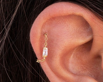 Dainty Baguette CZ Chain Stud Earrings