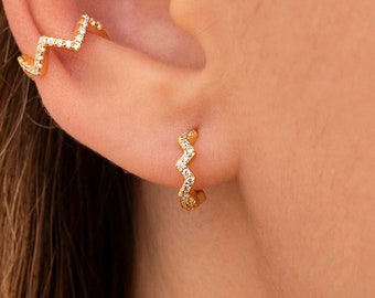 Dainty & Tiny Pave CZ Zig-Zag Shaped Huggie Hoop Earrings