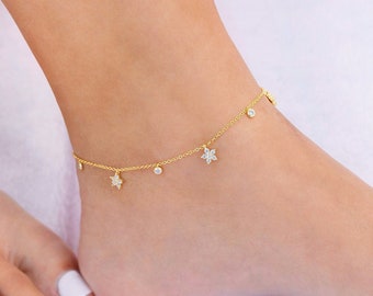 Dainty & Minimalist Dangling CZ Flowers and CZ Charms Anklet