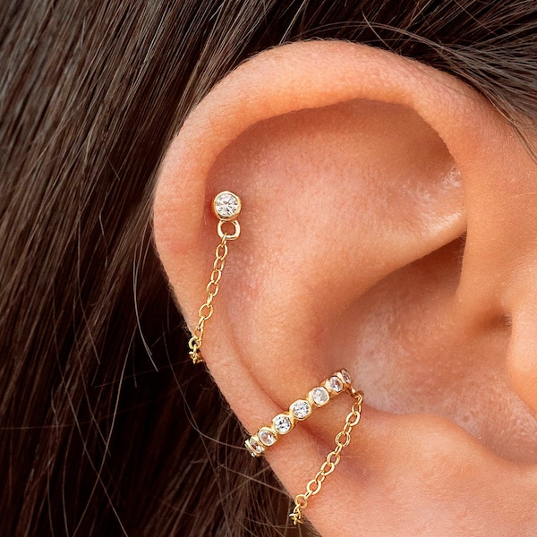 Tiny Round CZ Dangling Chain Stud Earrings