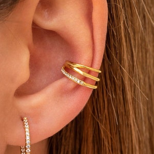 Dainty Pave CZ Triple Band Conch Ear Cuff Earrings