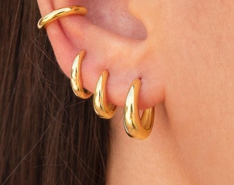 Dainty Chunky Oval Huggie Hoop Earrings Three Sizes Available