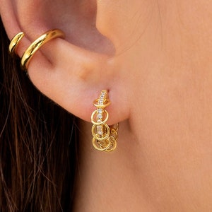 Dainty Pave CZ Hoop Earrings With Dangling Loop Charms