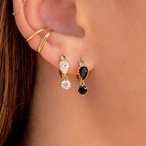 Dainty Pear Cut CZ Huggie Hoop Earrings With Dangling CZ Charm - Available in Black and White