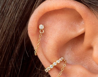 Tiny Round CZ Dangling Chain Stud Earrings