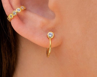 Dainty Bezel CZ Huggie Hoop Stud Earrings