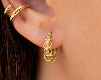 Dainty Pave CZ Hoop Earrings With Dangling Loop Charms